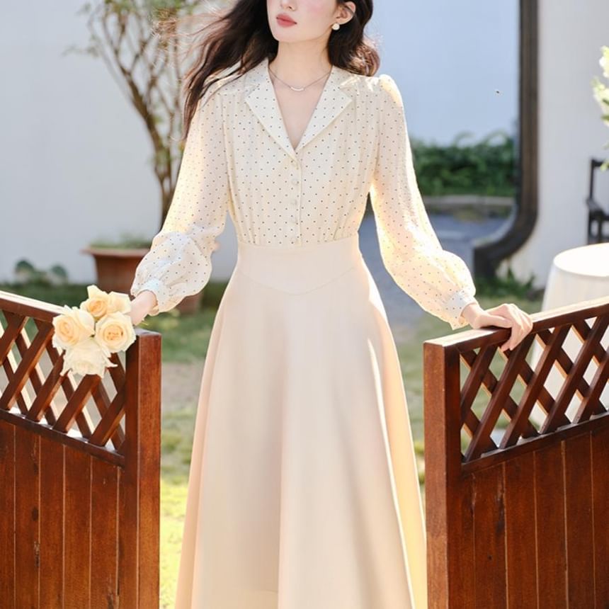 Dotted Collared Mock Two-Piece Long Sleeve A-Line Maxi