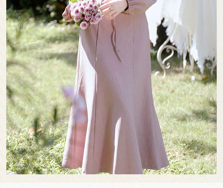 Tie Front Scoop Neck Long Sleeve A-Line Maxi