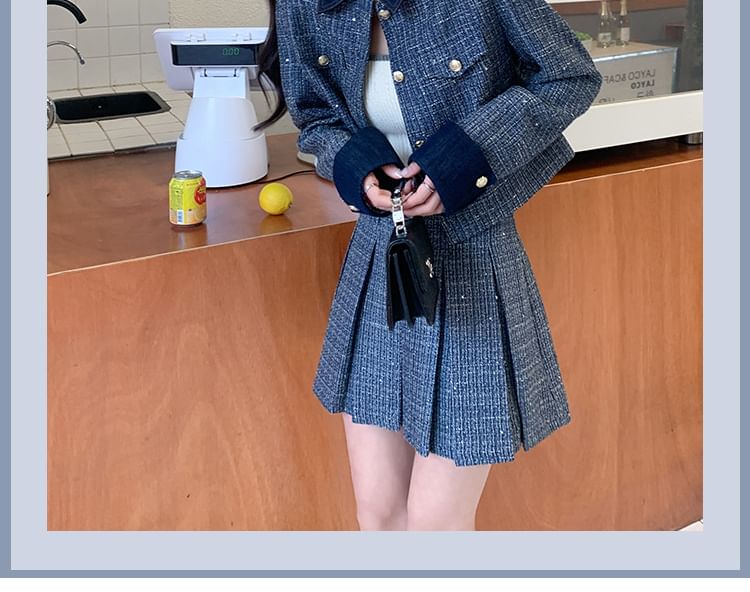 Set: Collared Tweed Button-Up Jacket + Mini Pleated Skirt