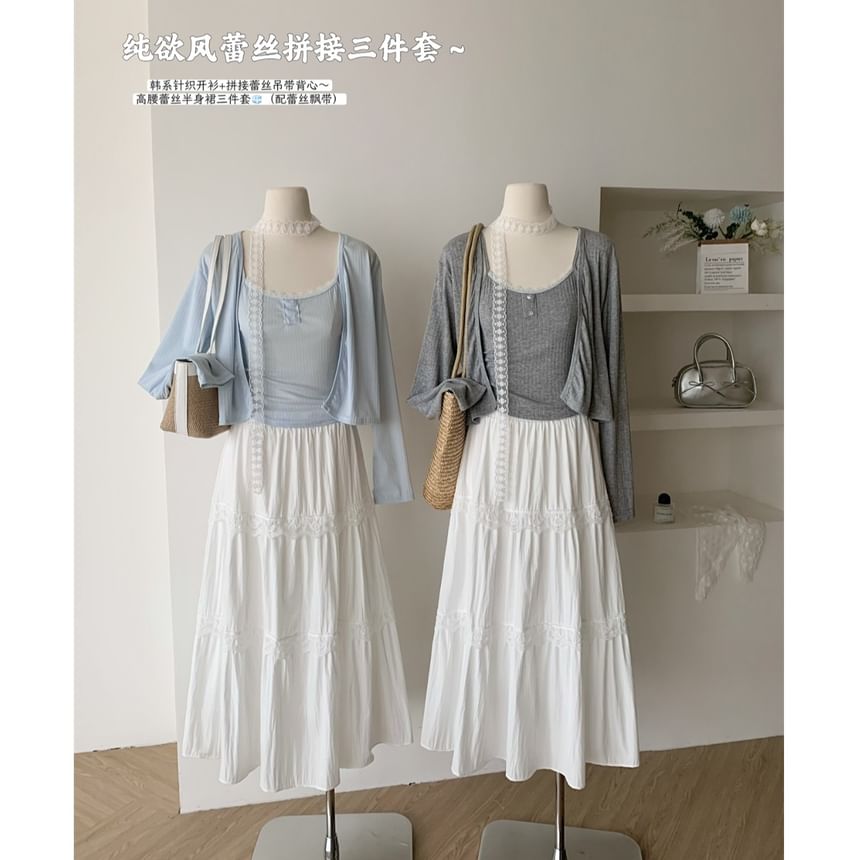 Set: Sheer Crop Cardigan, Cami Top & High-Rise Maxi A-Line Skirt