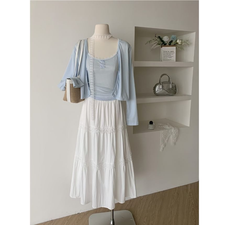 Set: Sheer Crop Cardigan, Cami Top & High-Rise Maxi A-Line Skirt