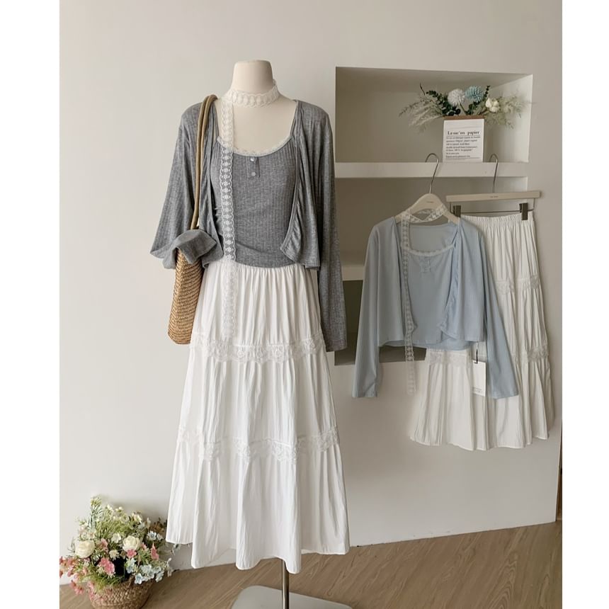 Set: Sheer Crop Cardigan, Cami Top & High-Rise Maxi A-Line Skirt