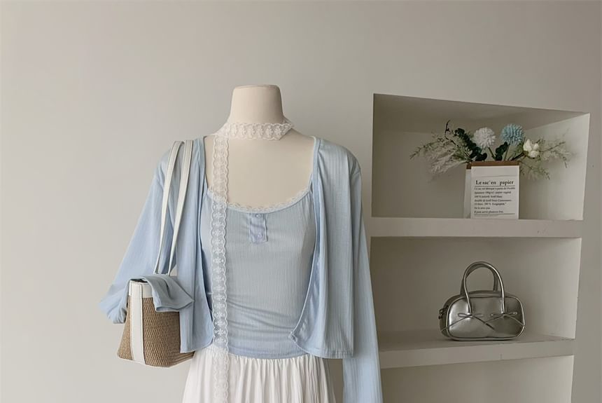 Set: Sheer Crop Cardigan, Cami Top & High-Rise Maxi A-Line Skirt