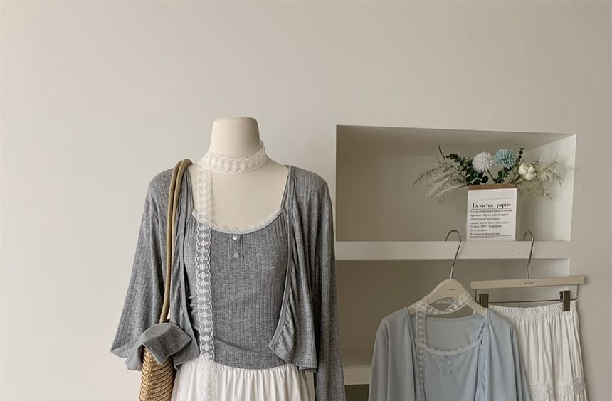 Set: Sheer Crop Cardigan, Cami Top & High-Rise Maxi A-Line Skirt
