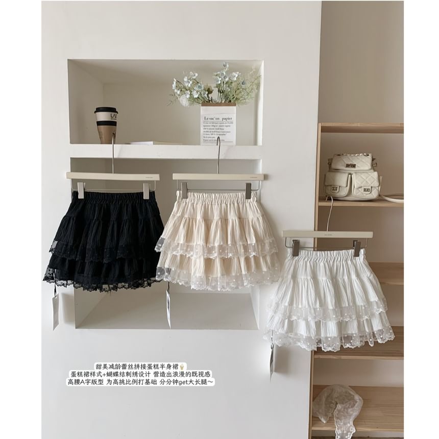 Tiered Mini Skirt with Lace Detail and Low-Rise Waist