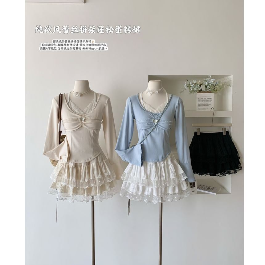 Tiered Mini Skirt with Lace Detail and Low-Rise Waist