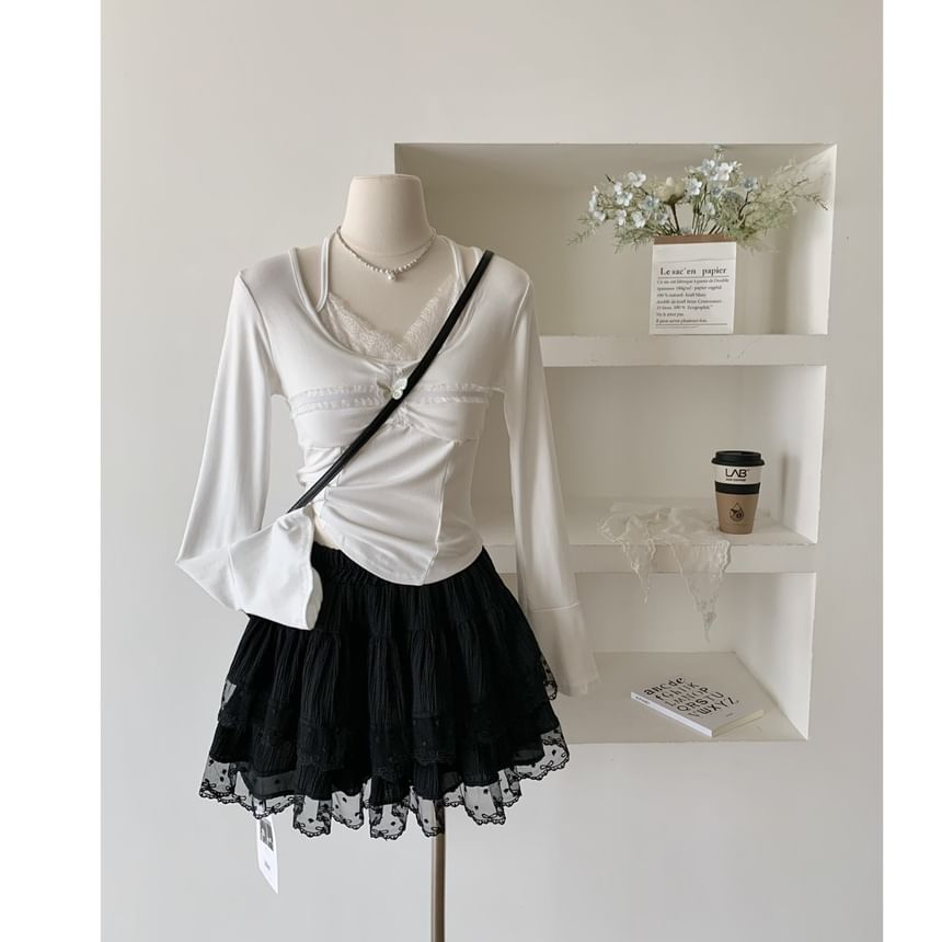 Tiered Mini Skirt with Lace Detail and Low-Rise Waist