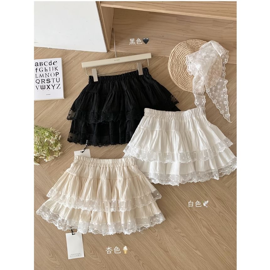 Tiered Mini Skirt with Lace Detail and Low-Rise Waist