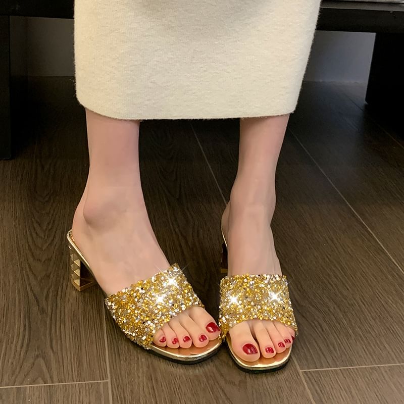 Rhinestone Sandals Heel Slide Chunky