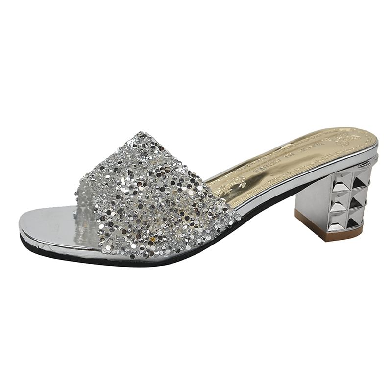 Rhinestone Sandals Heel Slide Chunky