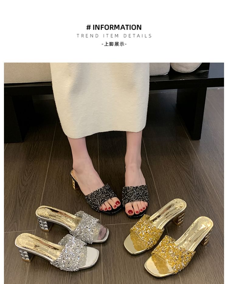 Rhinestone Sandals Heel Slide Chunky