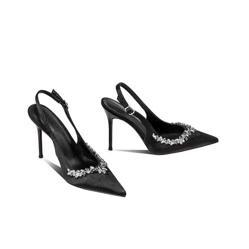 Stiletto Slingback Sandals Pointed Heel Rhinestone Toe