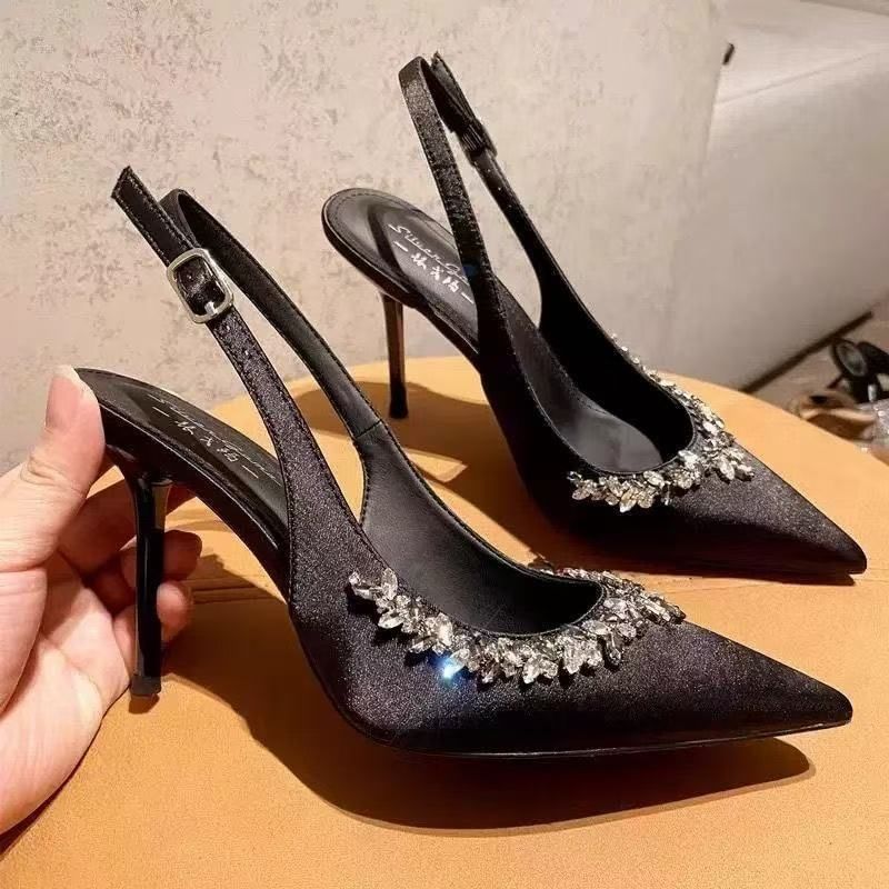 Stiletto Slingback Sandals Pointed Heel Rhinestone Toe