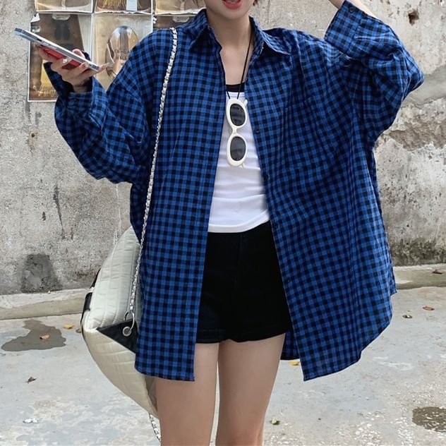 Button Collared Plaid Shirt Up Long-Sleeve