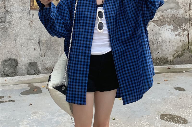 Button Collared Plaid Shirt Up Long-Sleeve