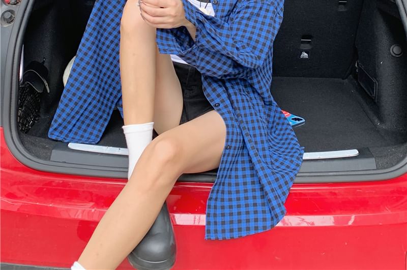 Button Collared Plaid Shirt Up Long-Sleeve