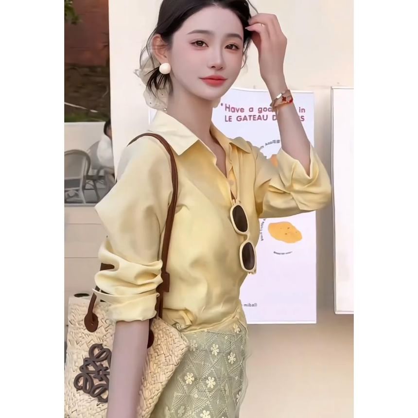 Lace Panel Sleeve Shirt Collared Long Plain Trim