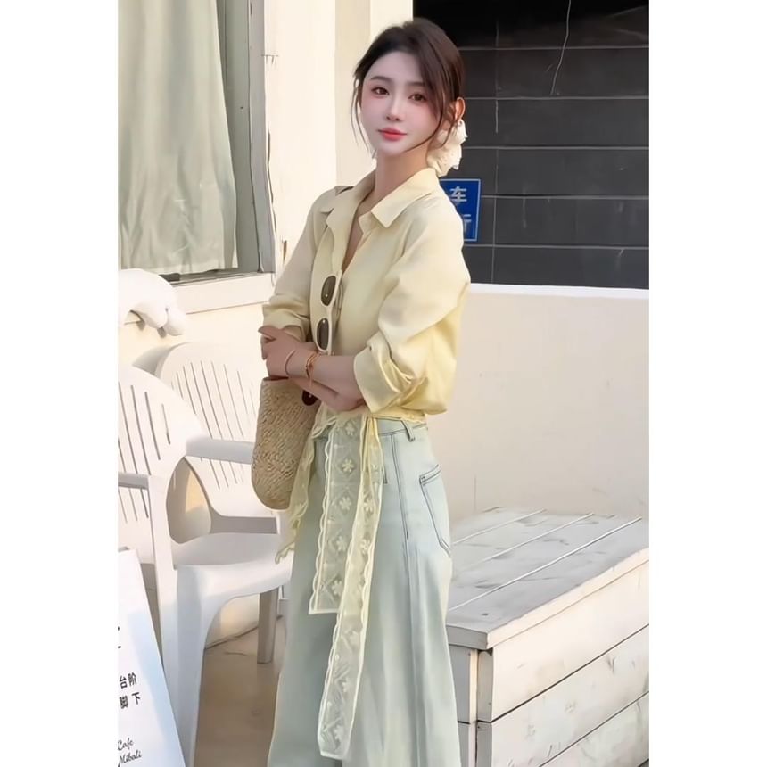 Lace Panel Sleeve Shirt Collared Long Plain Trim