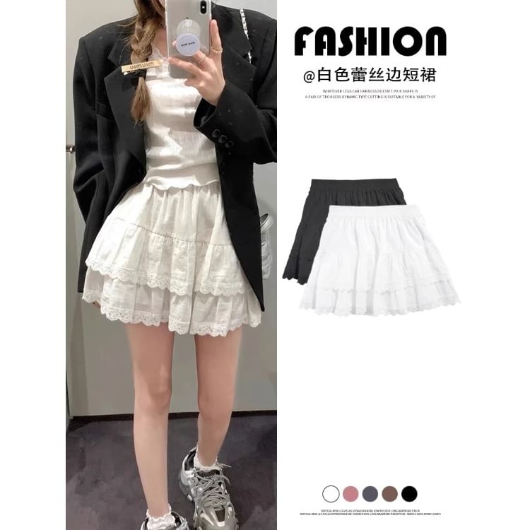 Lace Trim Mini A-Line Skirt with High Waist
