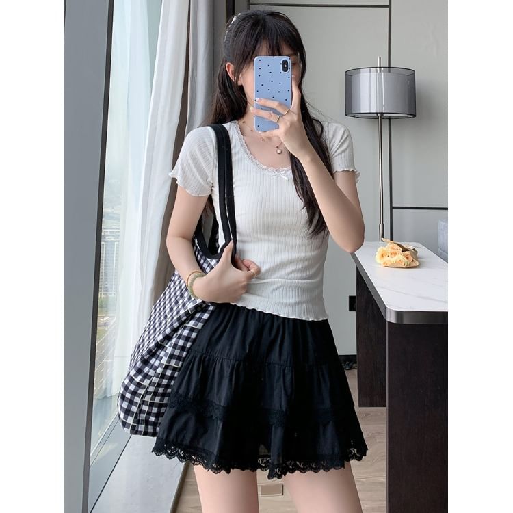 Lace Trim Mini A-Line Skirt with High Waist