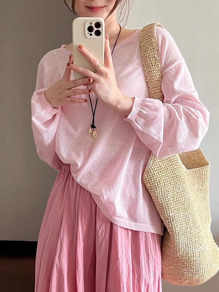 Neck Top Plain Round Long-Sleeve