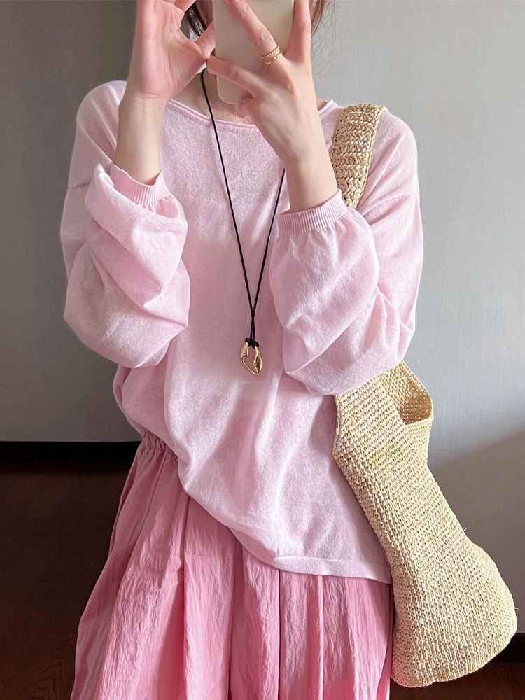 Neck Top Plain Round Long-Sleeve