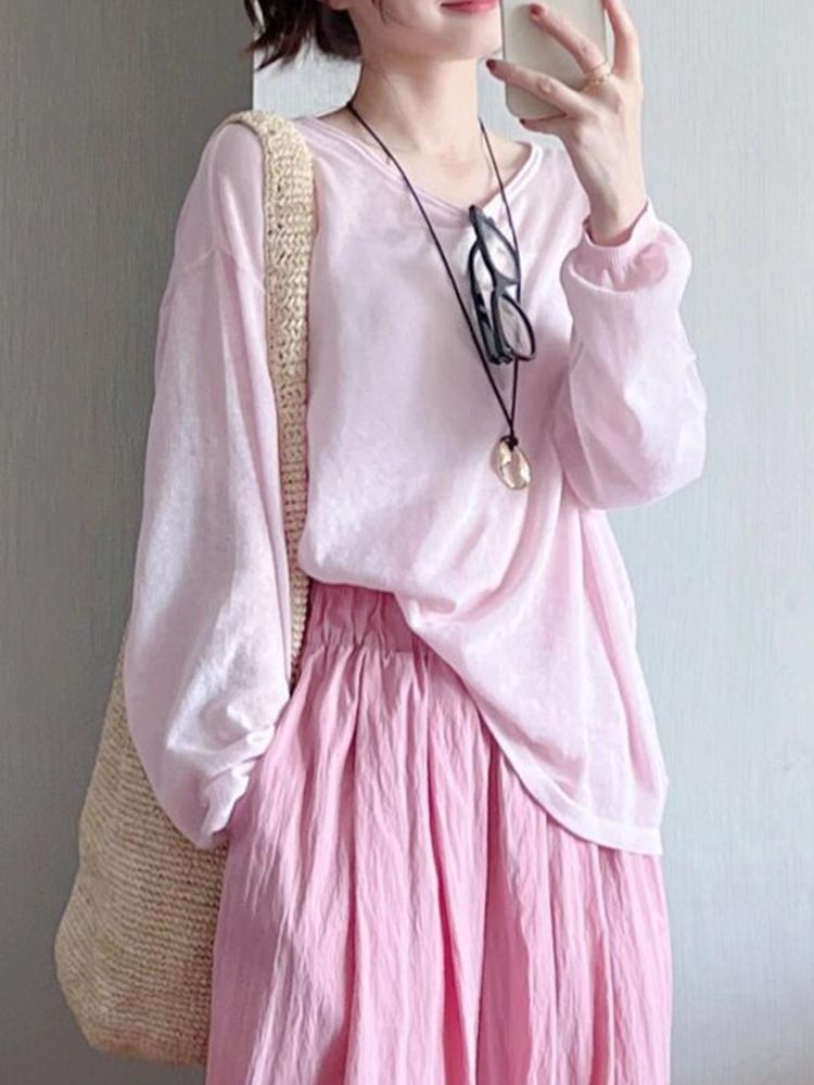 Neck Top Plain Round Long-Sleeve