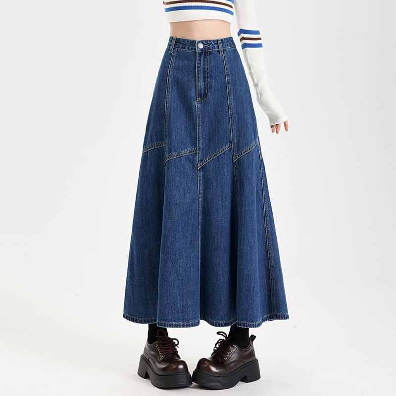 Washed Denim Flared Midi Skirt with High Waist