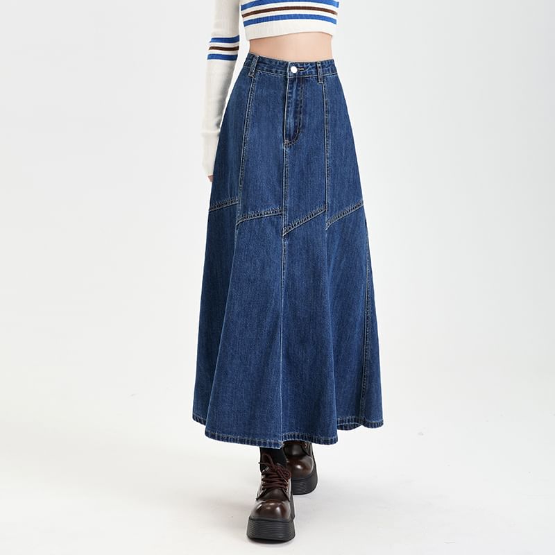Washed Denim Flared Midi Skirt with High Waist