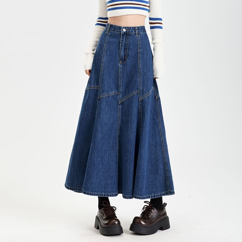 Washed Denim Flared Midi Skirt with High Waist