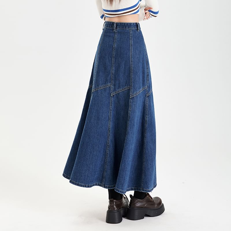 Washed Denim Flared Midi Skirt with High Waist