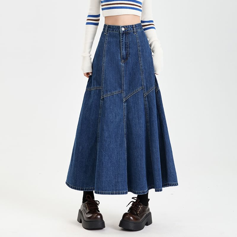 Washed Denim Flared Midi Skirt with High Waist