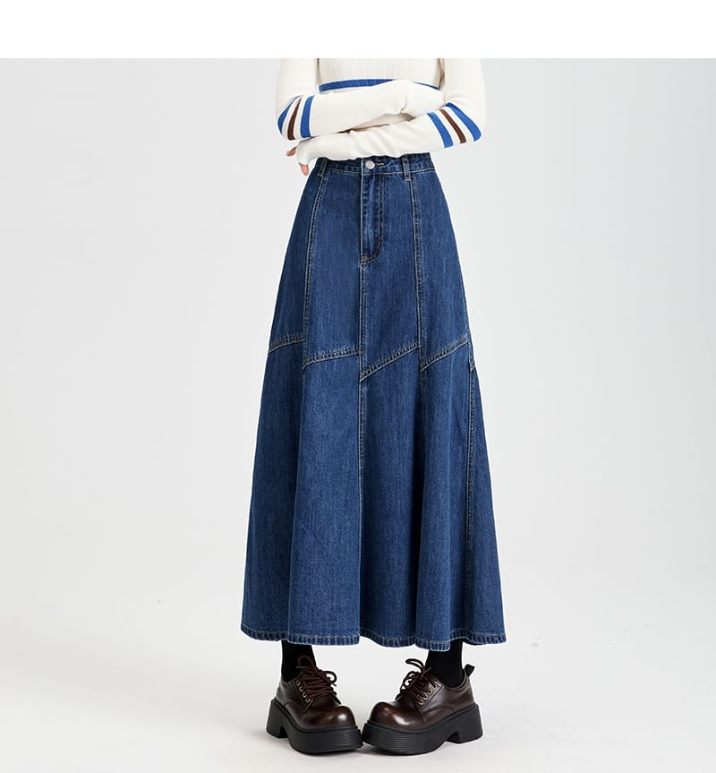 Washed Denim Flared Midi Skirt with High Waist