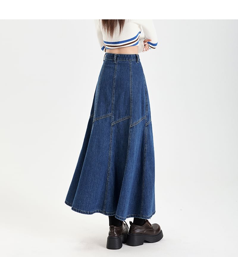 Washed Denim Flared Midi Skirt with High Waist