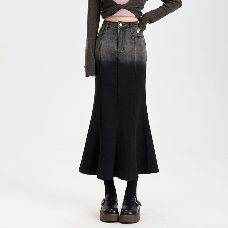 Gradient Washed Denim Mermaid Midi Skirt with High Rise