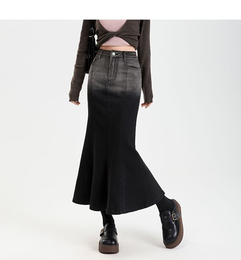 Gradient Washed Denim Mermaid Midi Skirt with High Rise