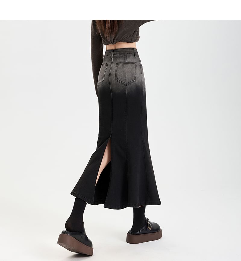 Gradient Washed Denim Mermaid Midi Skirt with High Rise