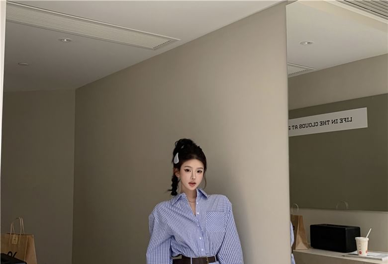 Pocket Henley Front Mini Plaid Shirt Pleated Long-Sleeve Hem Dress