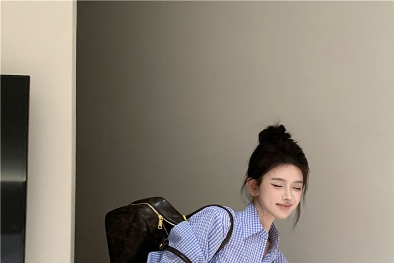 Pocket Henley Front Mini Plaid Shirt Pleated Long-Sleeve Hem Dress