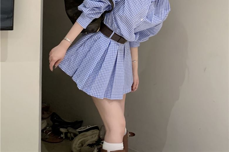 Pocket Henley Front Mini Plaid Shirt Pleated Long-Sleeve Hem Dress
