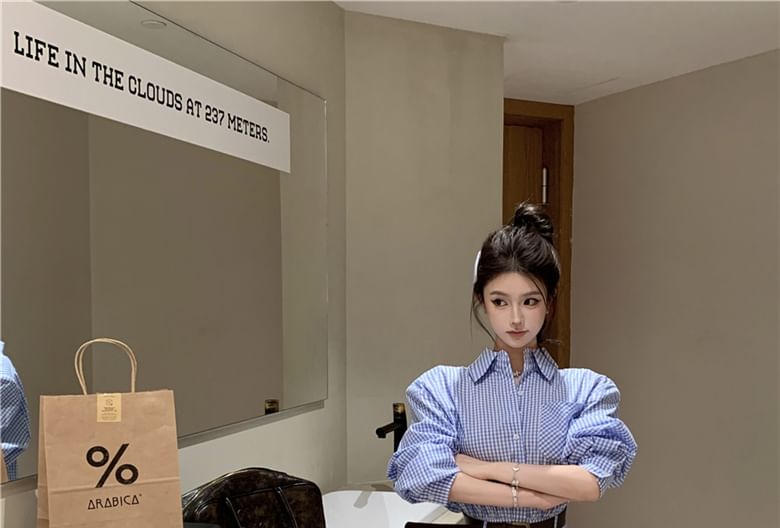 Pocket Henley Front Mini Plaid Shirt Pleated Long-Sleeve Hem Dress