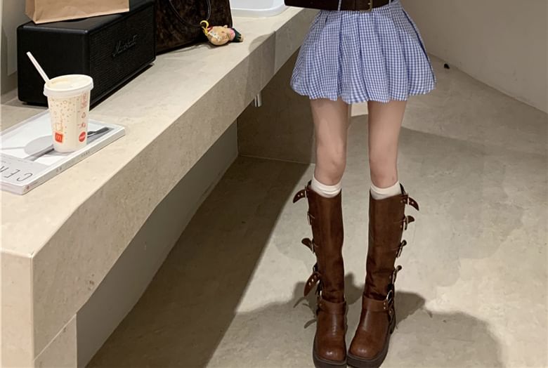 Pocket Henley Front Mini Plaid Shirt Pleated Long-Sleeve Hem Dress