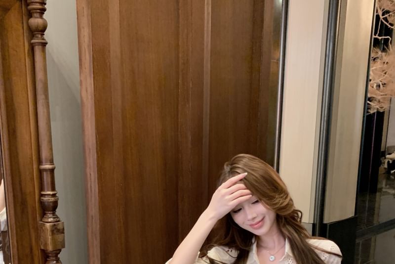 Embroidered High Bow Long-Sleeve Skirt Mini Pencil Flower Ruched / Shirt Rise