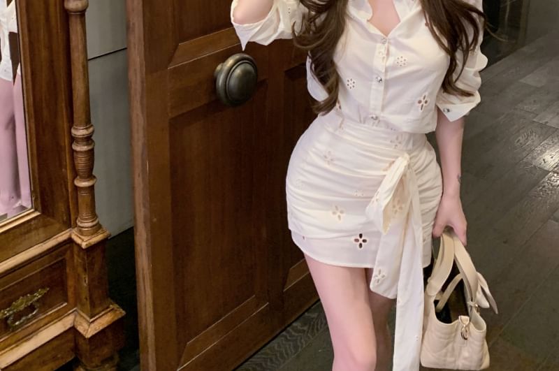 Embroidered High Bow Long-Sleeve Skirt Mini Pencil Flower Ruched / Shirt Rise