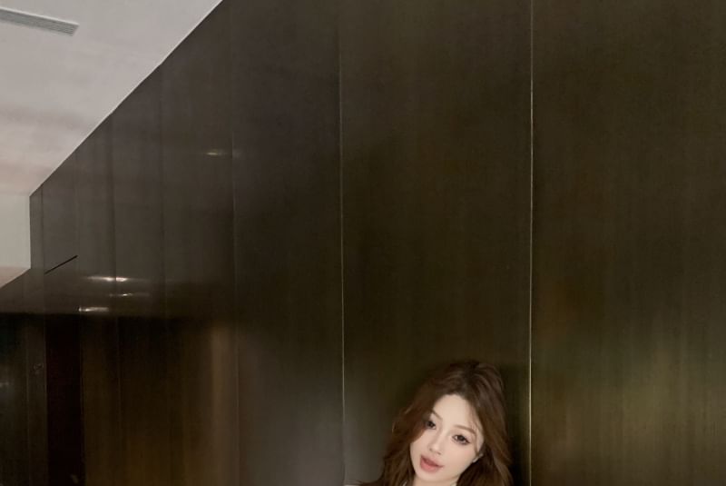 Embroidered High Bow Long-Sleeve Skirt Mini Pencil Flower Ruched / Shirt Rise