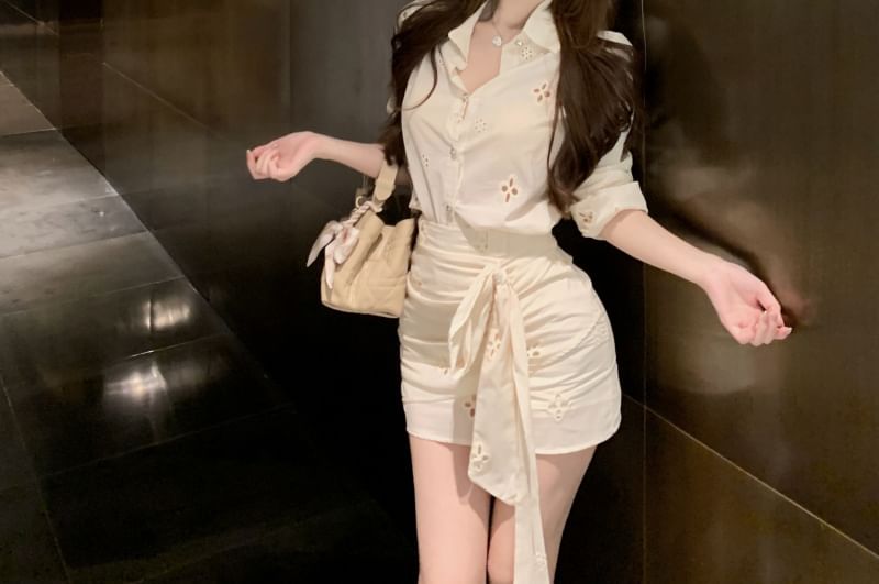 Embroidered High Bow Long-Sleeve Skirt Mini Pencil Flower Ruched / Shirt Rise
