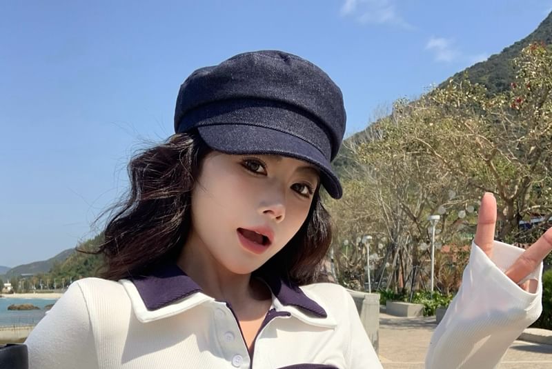 Pencil Mini Collar Top Tee High Long-Sleeve Contrast Skirt / Plain Trim Tube Waist Tie-Front