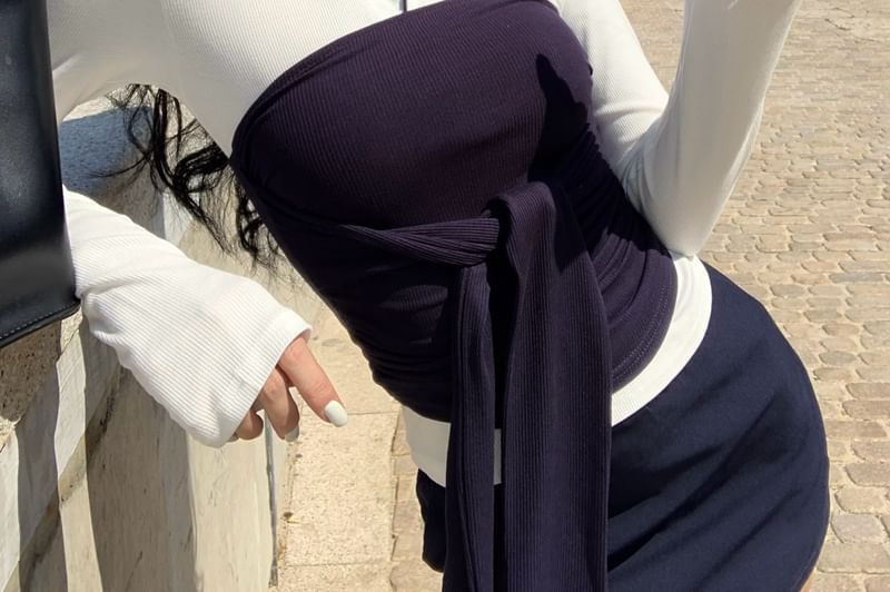Pencil Mini Collar Top Tee High Long-Sleeve Contrast Skirt / Plain Trim Tube Waist Tie-Front