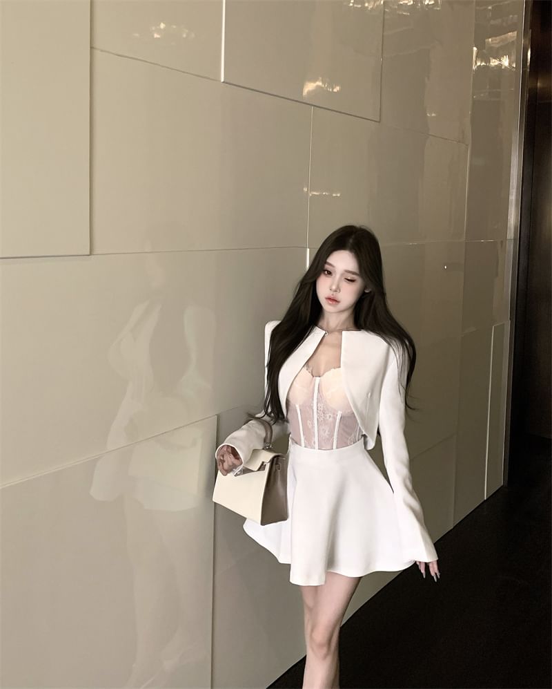 A-Line Cropped Open Plain Top High Mini / Front Lace Skirt Bustier Rise Jacket