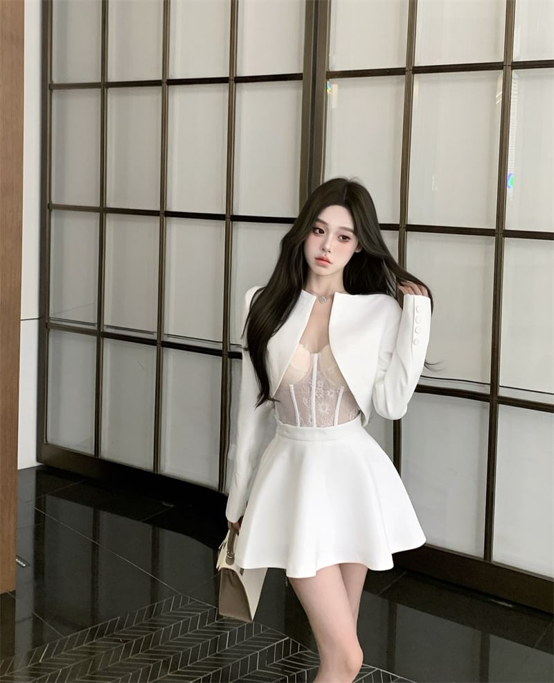 A-Line Cropped Open Plain Top High Mini / Front Lace Skirt Bustier Rise Jacket